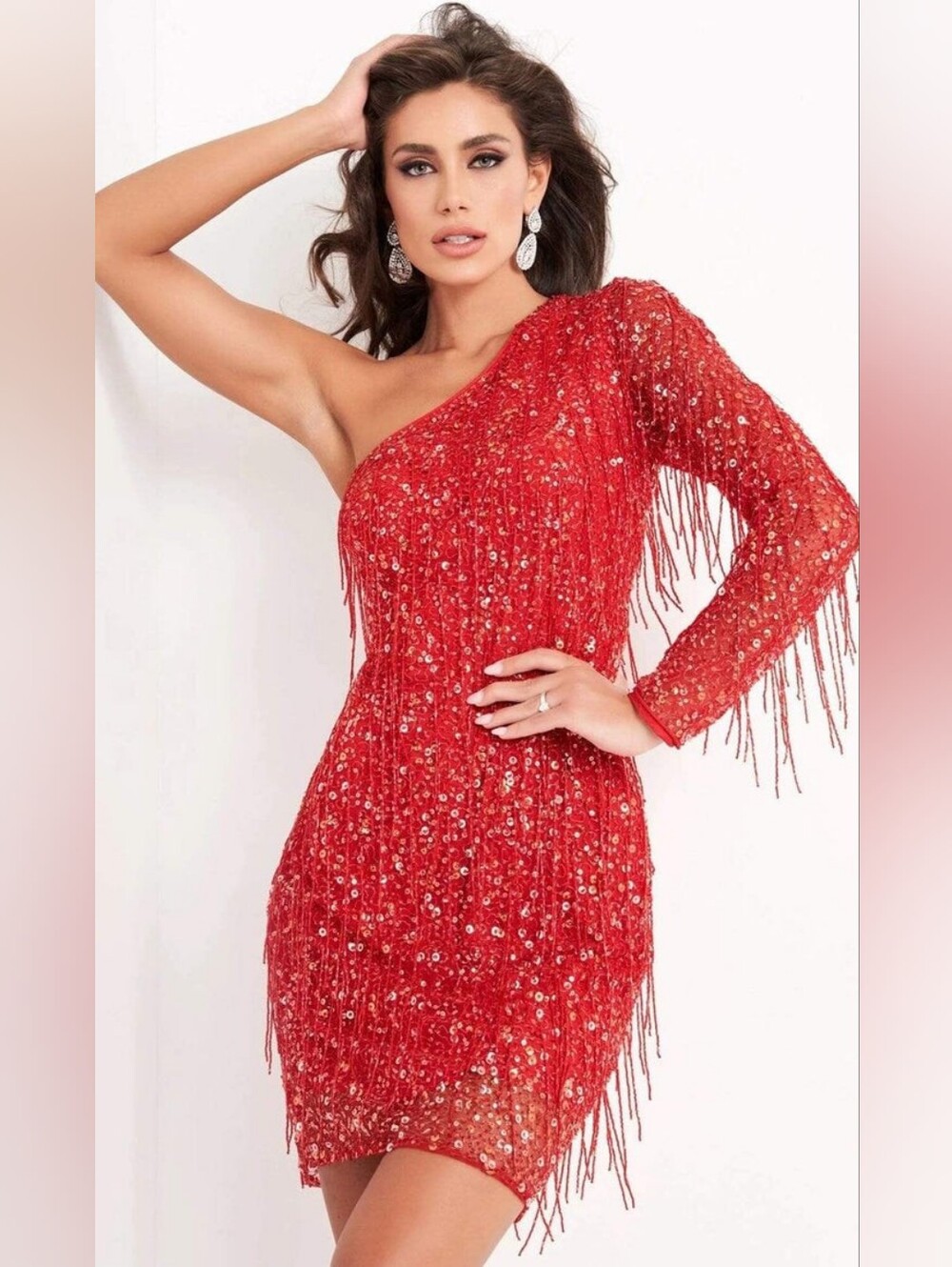 Jovani 2645 One-Shoulder Red Sequin Fringe Dress